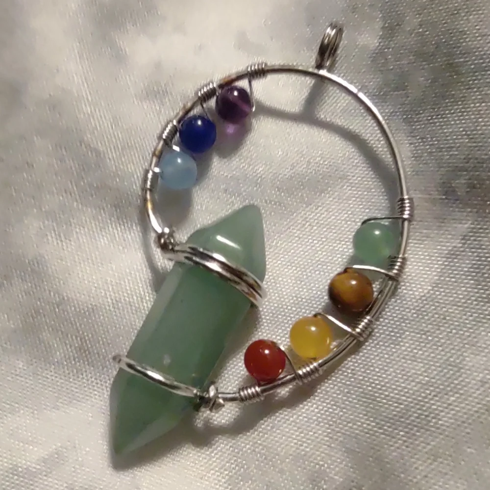 Green Aventurine Hexagon Pendulum with 7 Chakras Pendant - Picture 3 of 9